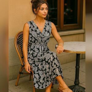 ACE Fashion Black White Paisley Maxi Dress L Smocked Waist Boho Sleeveless Long